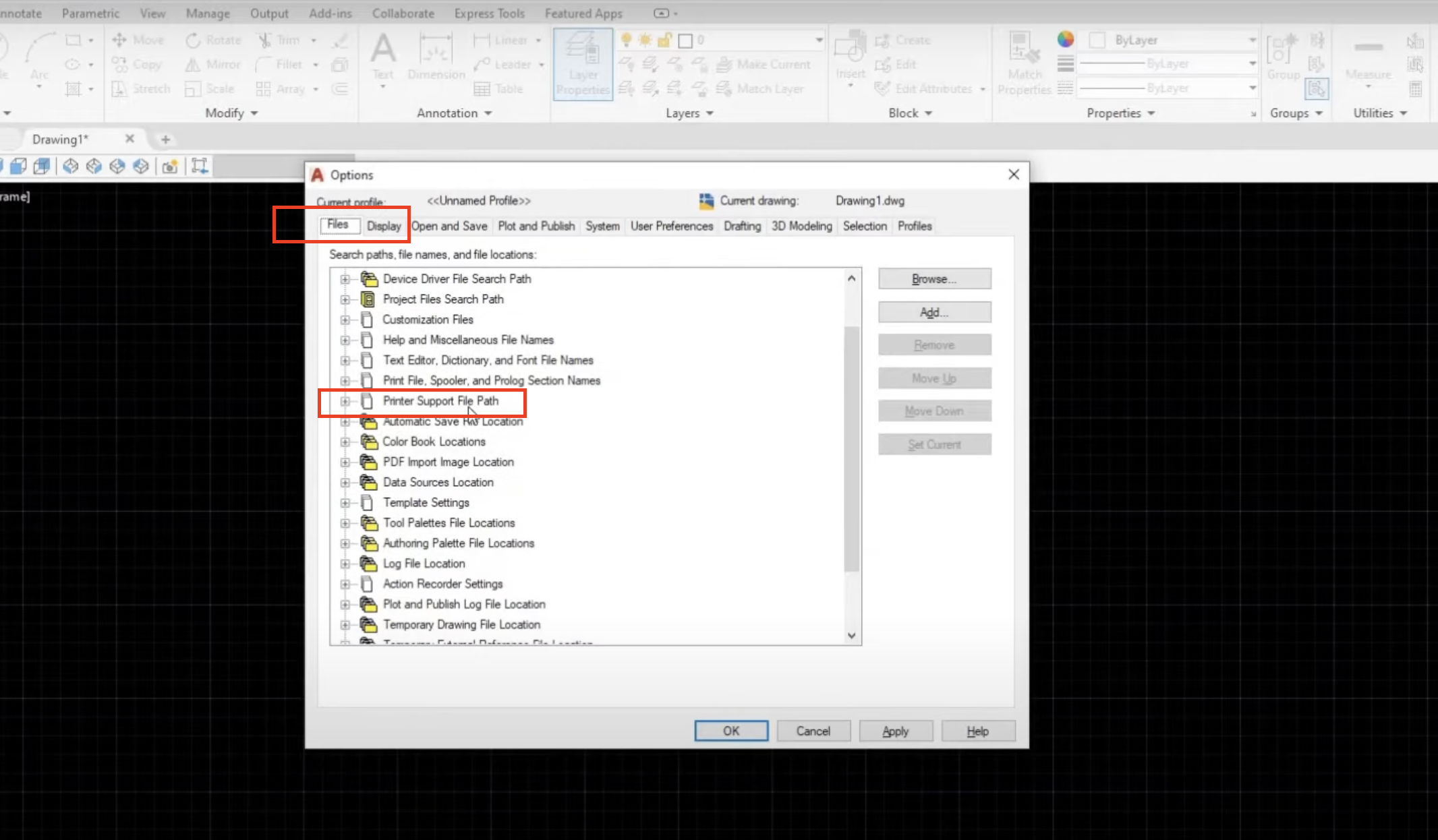 printer support file path in Autocad